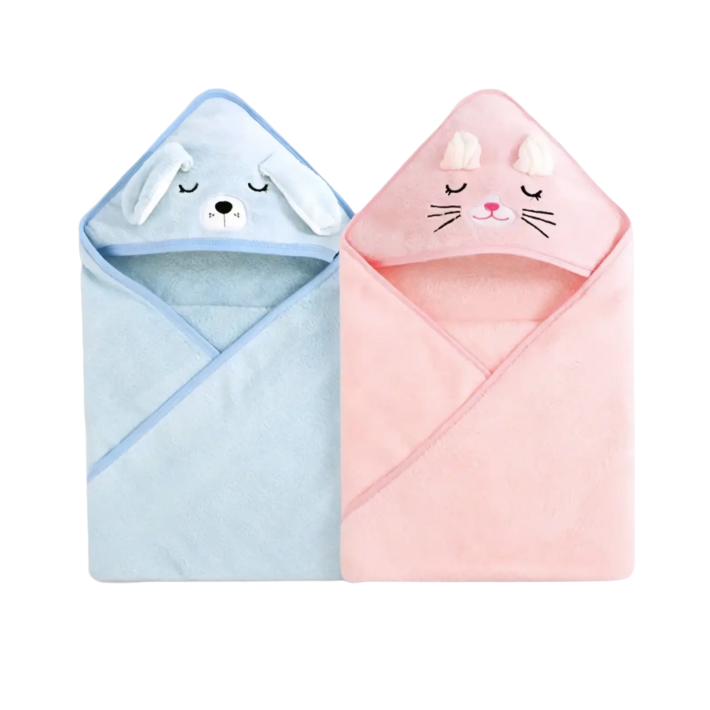 Soft coral fleece baby hooded animal bath towels in light blue and pink with embroidered faces and fluffy ears