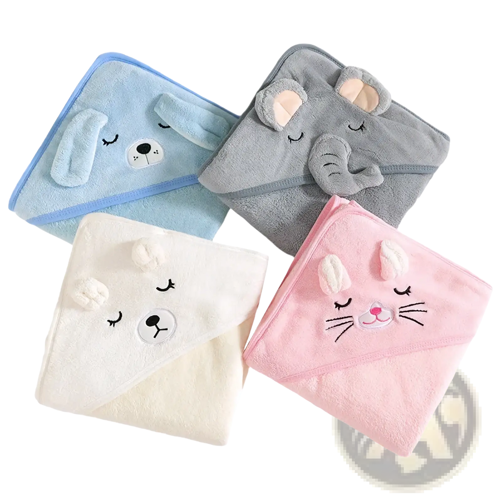 Baby hooded animal bath towels in light blue gray cream and pink soft coral fleece with embroidered animal faces
