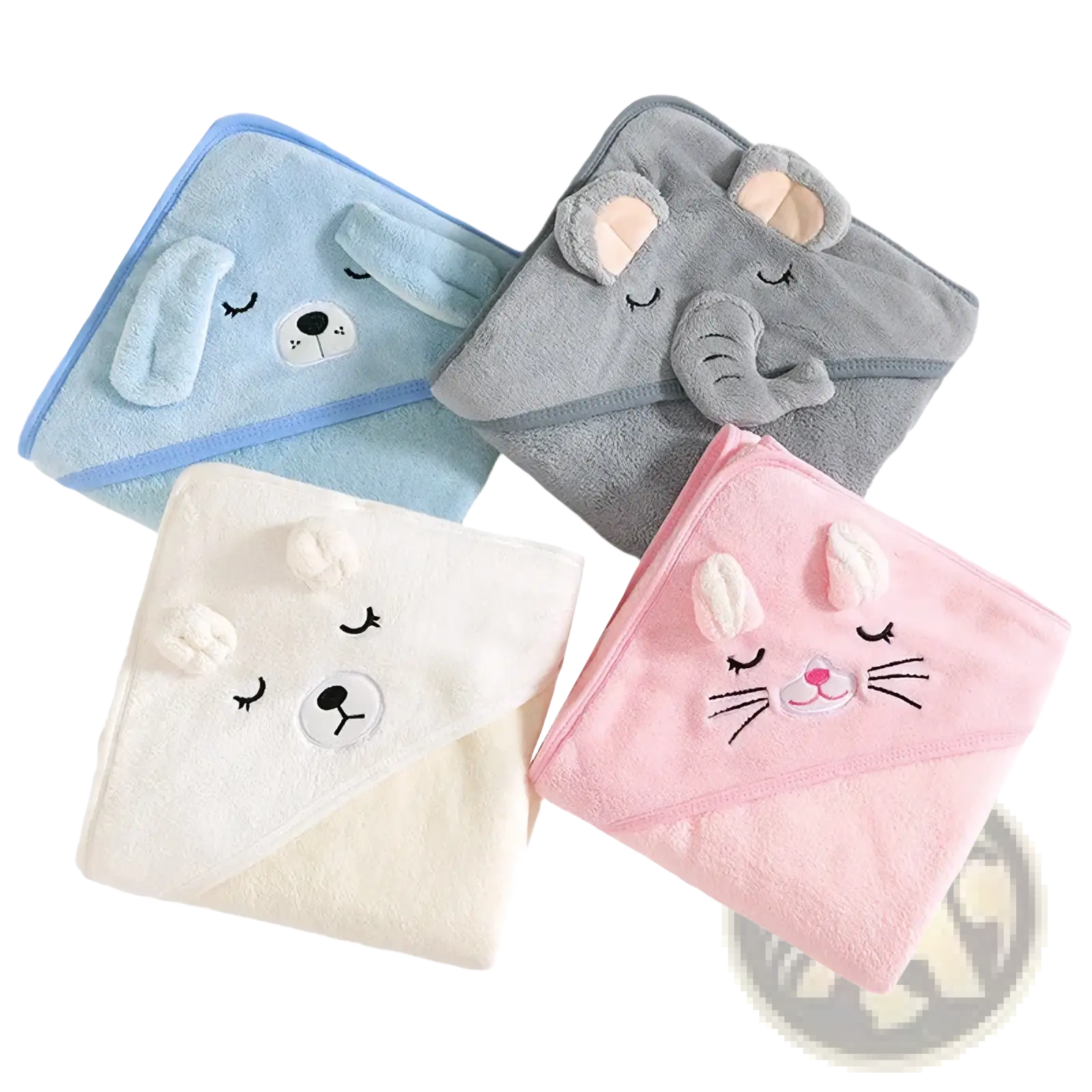 Baby hooded animal bath towels in light blue gray cream and pink soft coral fleece with embroidered animal faces
