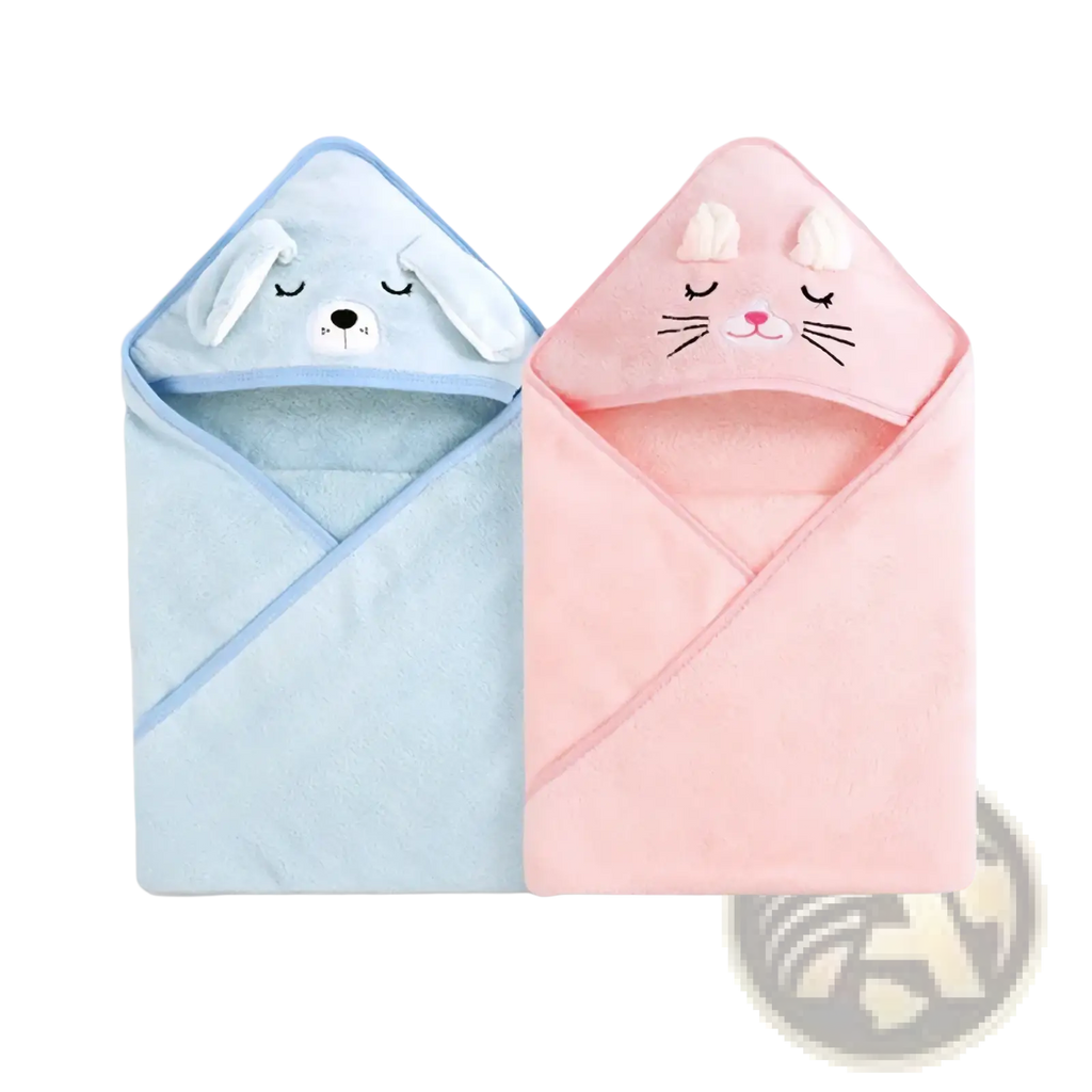 Soft coral fleece baby hooded animal bath towels in light blue and pink with embroidered faces and fluffy ears