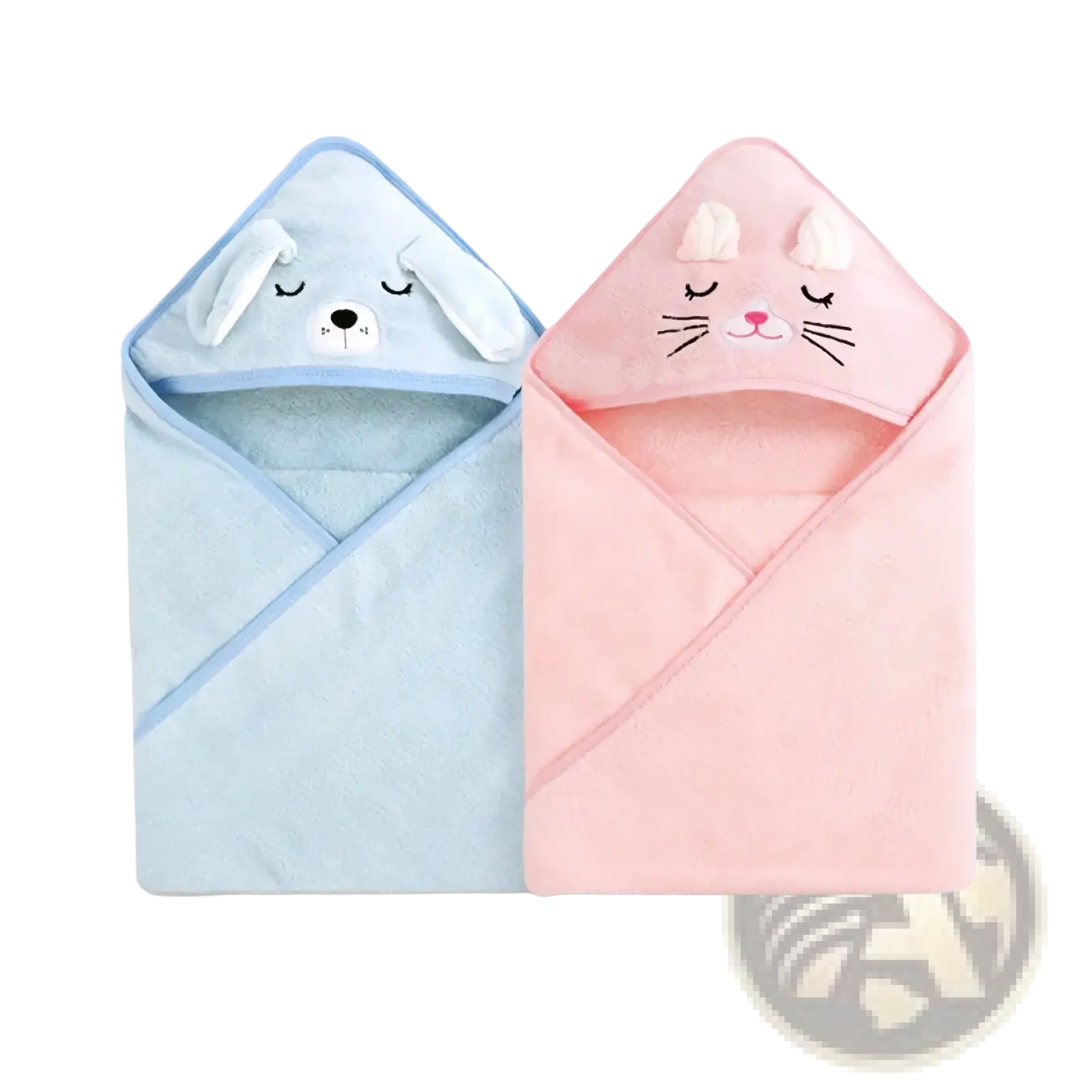 Soft coral fleece baby hooded animal bath towels in light blue and pink with embroidered faces and fluffy ears