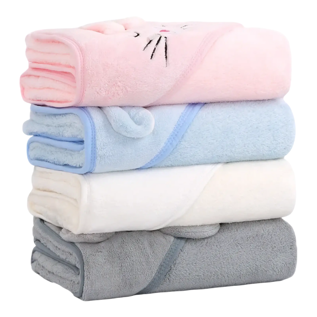 Stacked baby hooded animal bath towels in soft coral fleece with pastel pink blue white and gray plush cat face designs