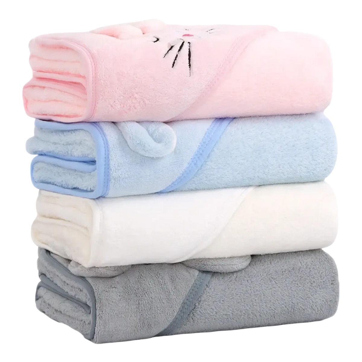 Stacked baby hooded animal bath towels in soft coral fleece with pastel pink blue white and gray plush cat face designs