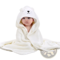 Soft white baby hooded animal bath towel with polar bear theme plush texture and embroidered facial features made of coral fleece