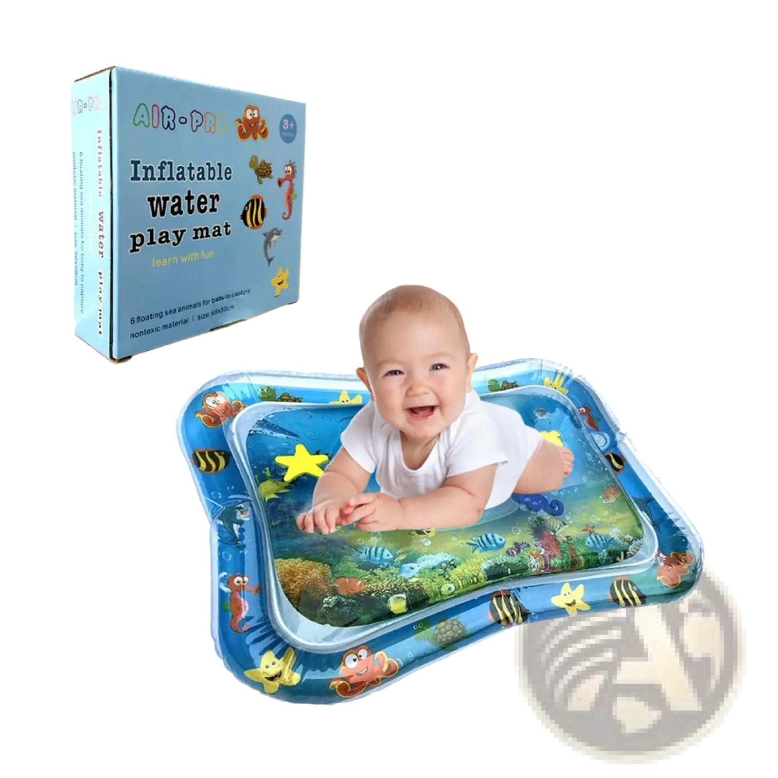 Blue inflatable baby water mat with ocean-themed design and floating sea creatures for sensory play