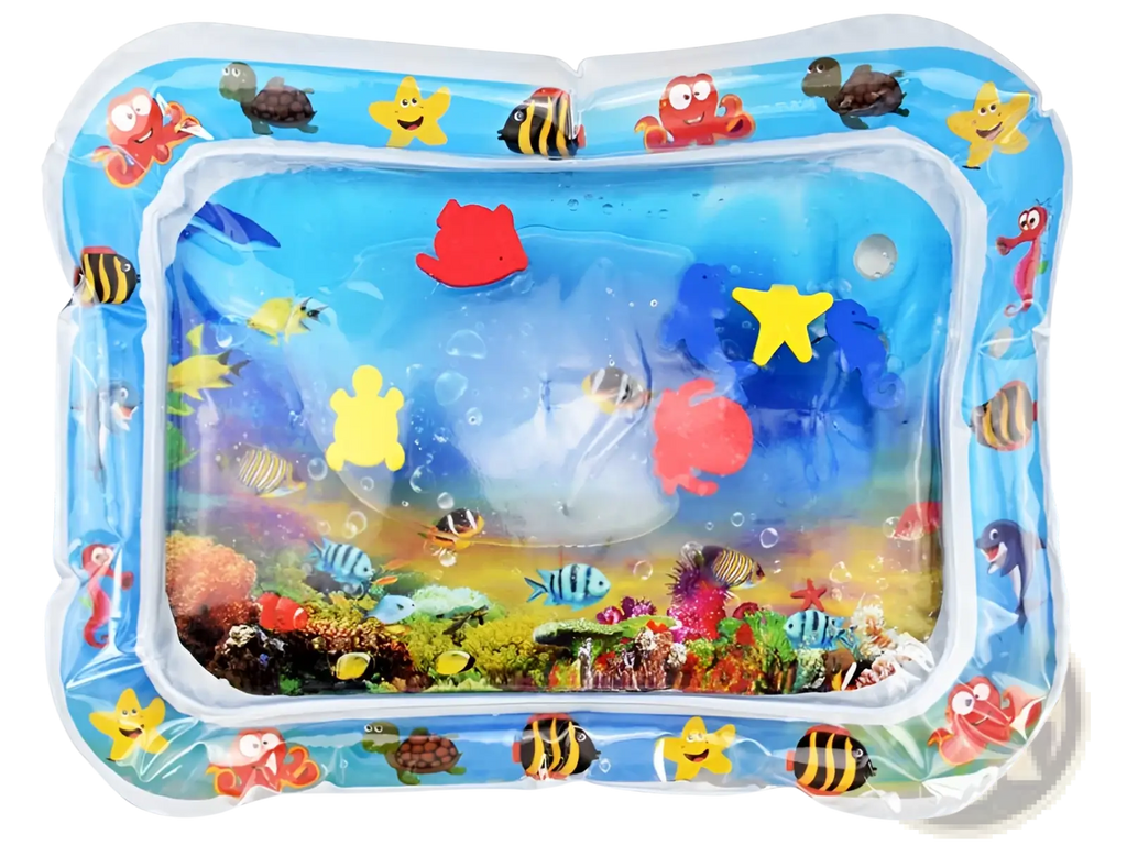 Baby inflatable water mat ocean theme activity pad with blue inflatable tray featuring colorful cartoon sea creatures