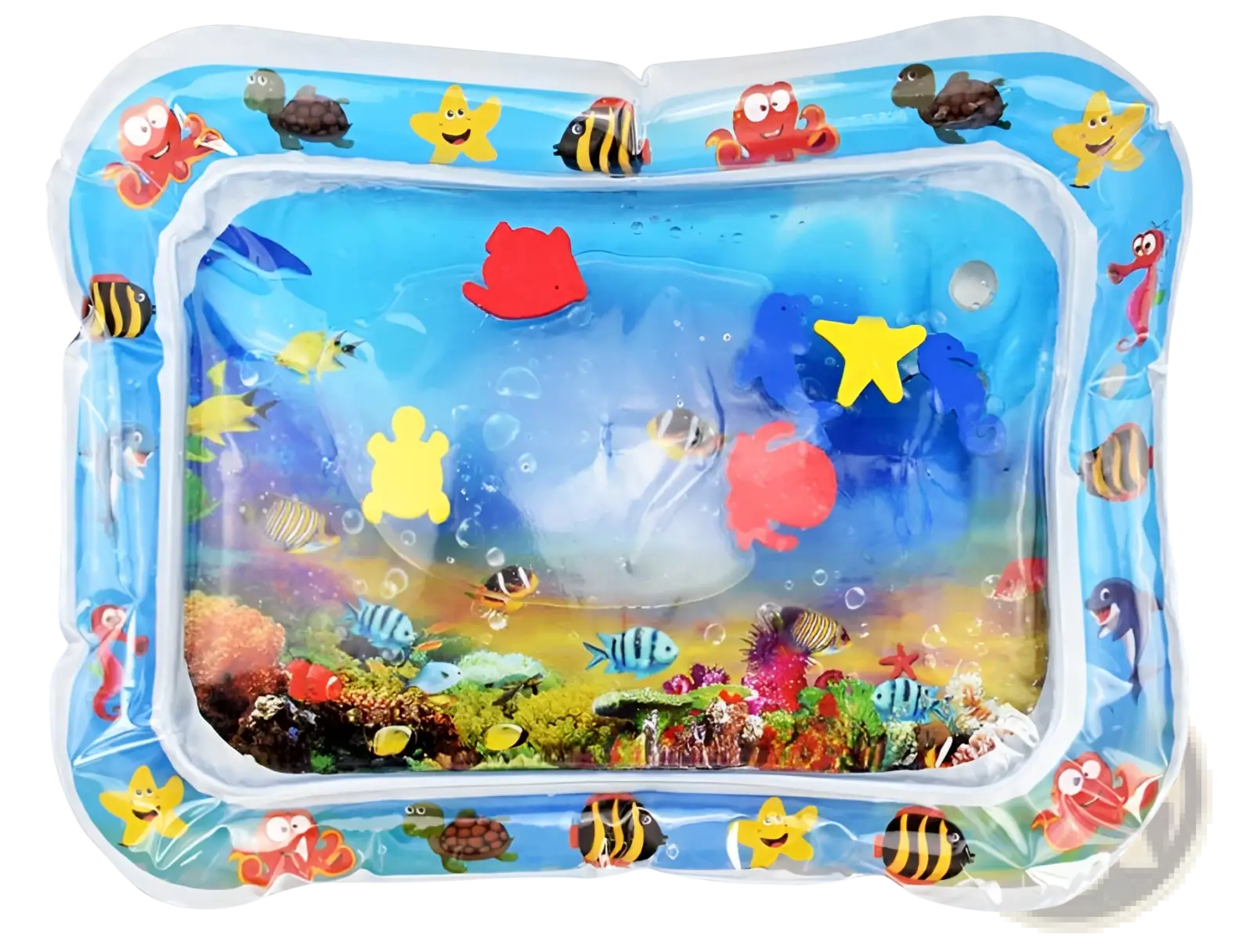 Baby inflatable water mat ocean theme activity pad with blue inflatable tray featuring colorful cartoon sea creatures