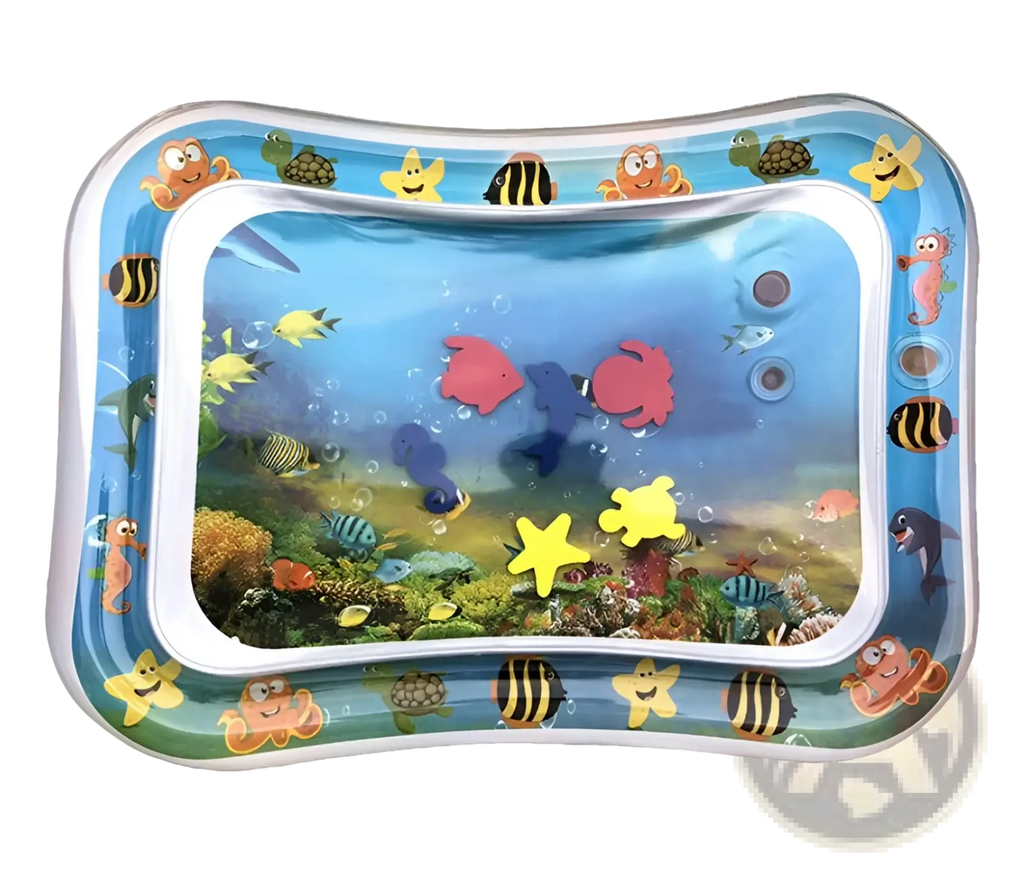 Baby inflatable water mat ocean theme activity pad with colorful cartoon sea creatures in blue liquid center