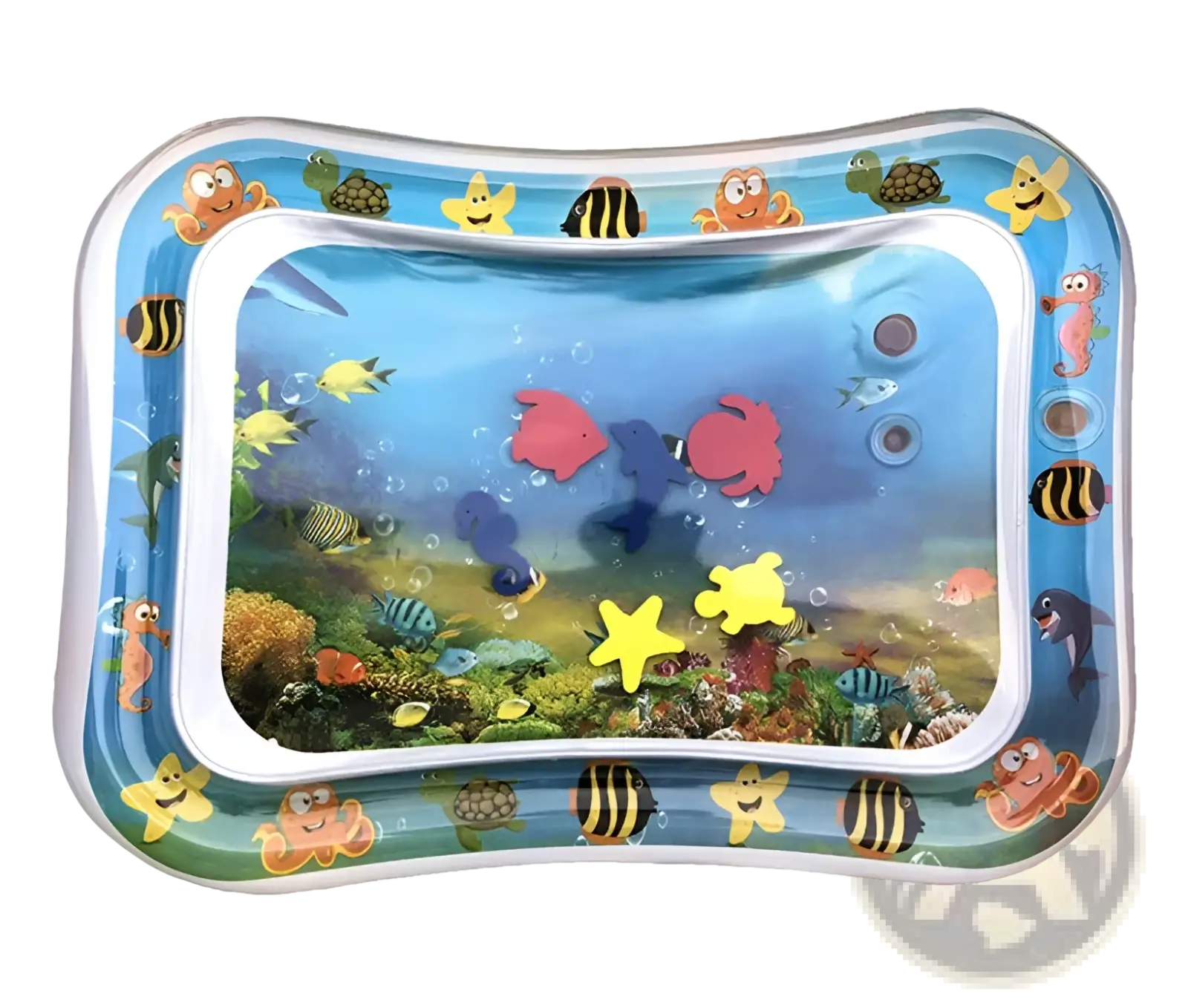 Baby inflatable water mat ocean theme activity pad with colorful cartoon sea creatures in blue liquid center