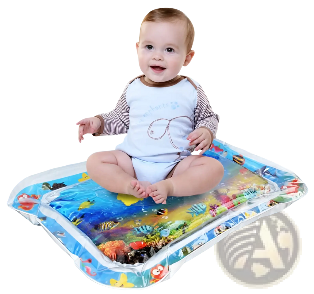 Baby inflatable water mat ocean theme activity pad featuring colorful underwater scenes with fish coral and sea creatures