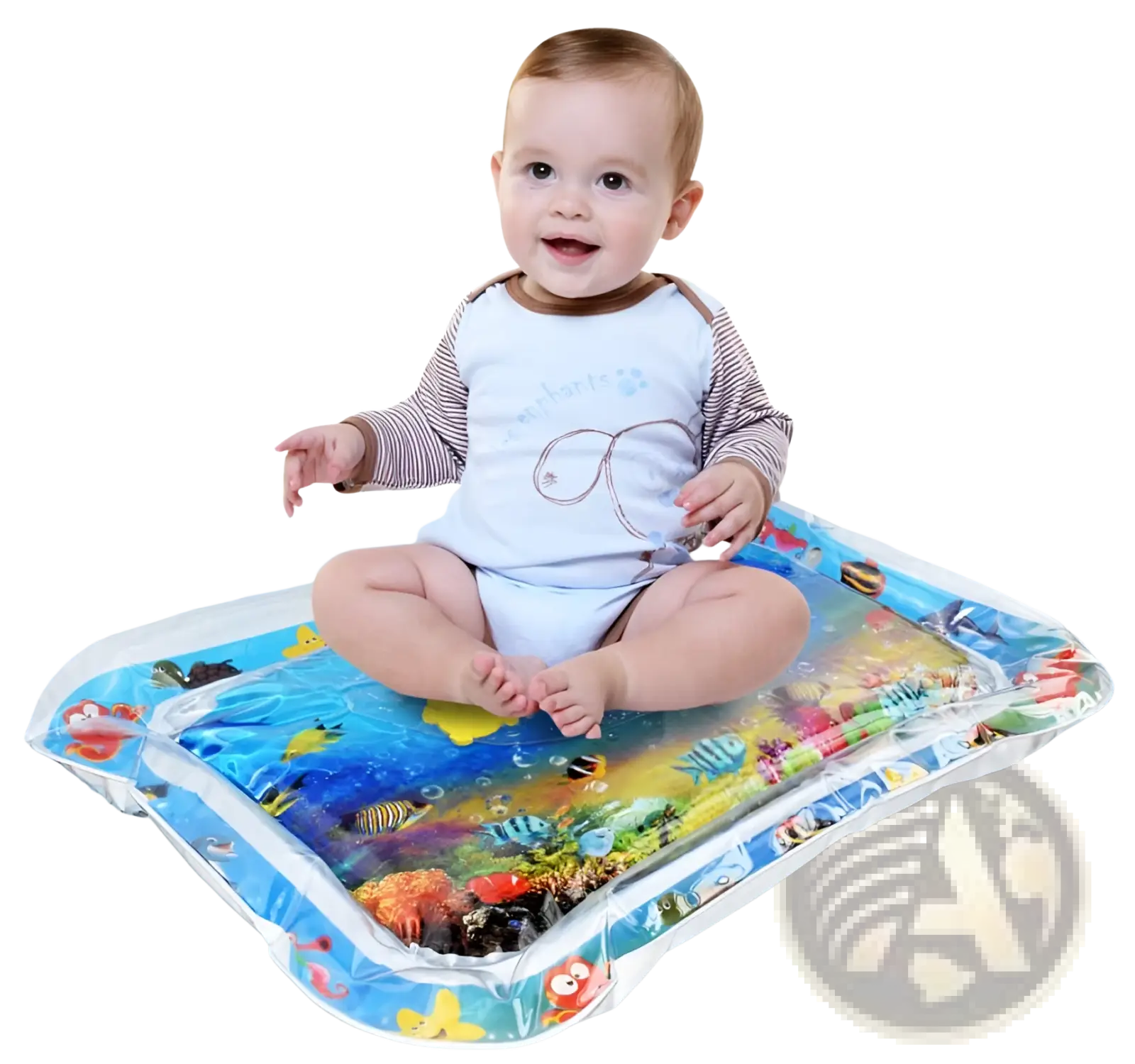 Baby inflatable water mat ocean theme activity pad featuring colorful underwater scenes with fish coral and sea creatures