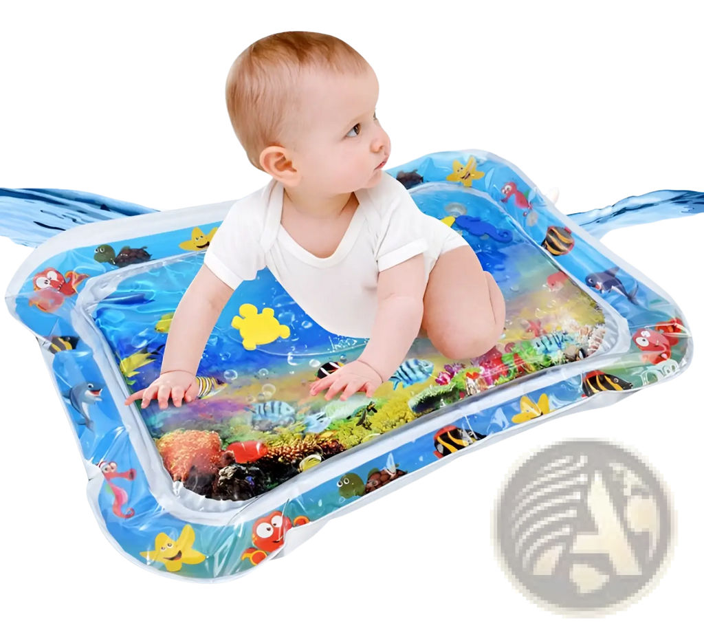 Baby inflatable water mat ocean theme activity pad with blue ocean design featuring colorful fish and coral patterns