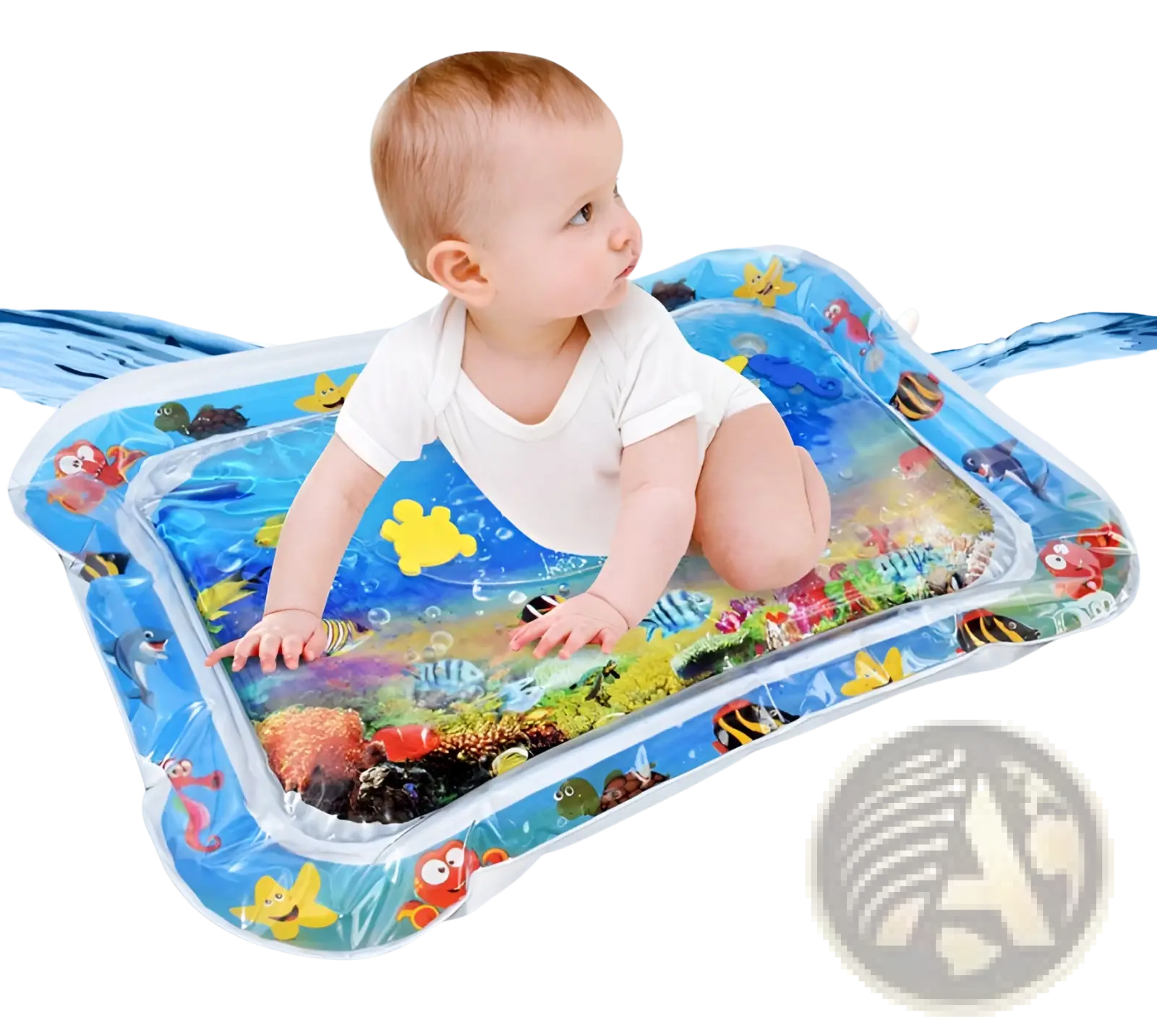 Baby inflatable water mat ocean theme activity pad with blue ocean design featuring colorful fish and coral patterns