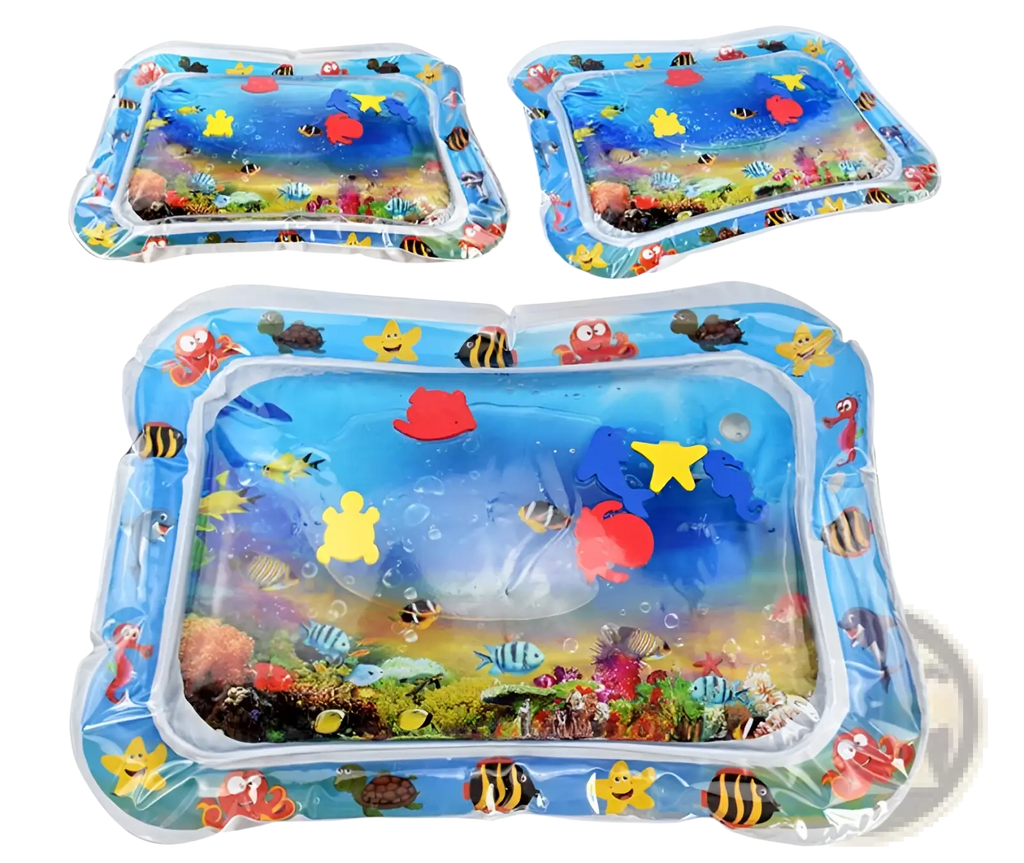 Baby inflatable water mat ocean theme activity pad with colorful fish starfish and coral designs on blue background