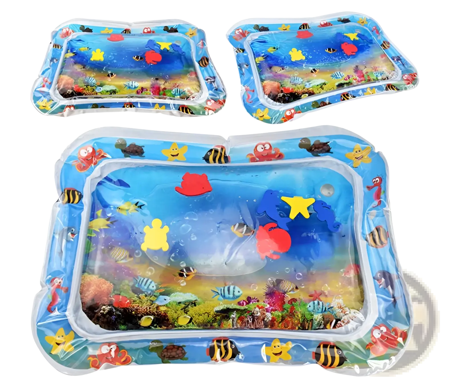 Baby inflatable water mat ocean theme activity pad with colorful fish starfish and coral designs on blue background