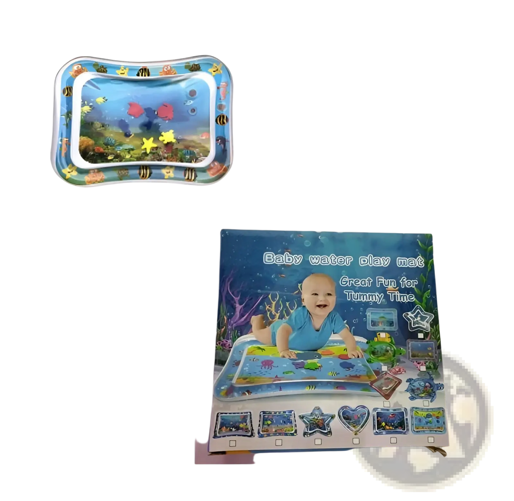 Blue inflatable baby water mat featuring an ocean theme design for sensory play and developmental activities