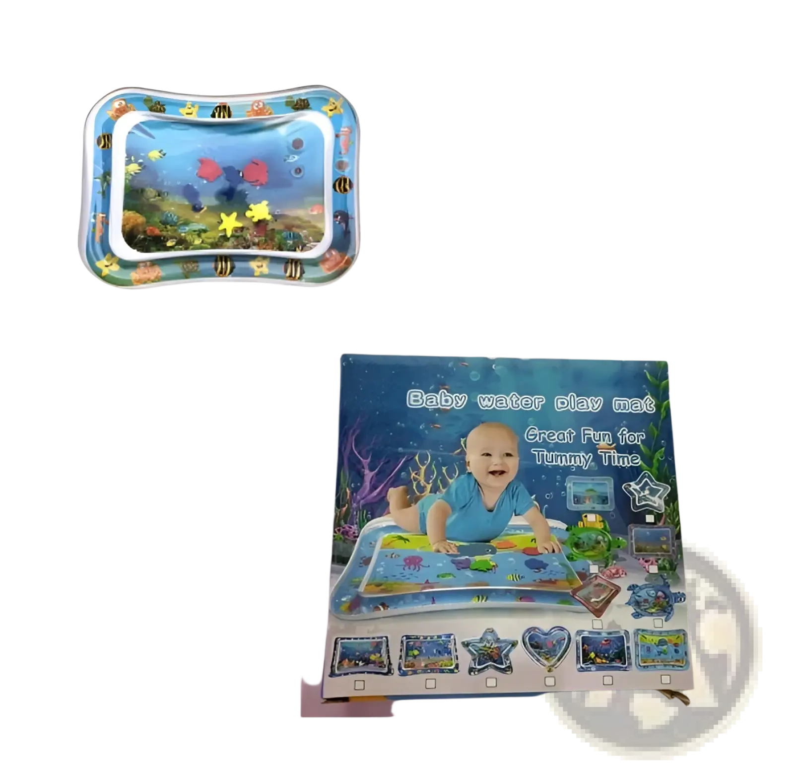 Blue inflatable baby water mat featuring an ocean theme design for sensory play and developmental activities