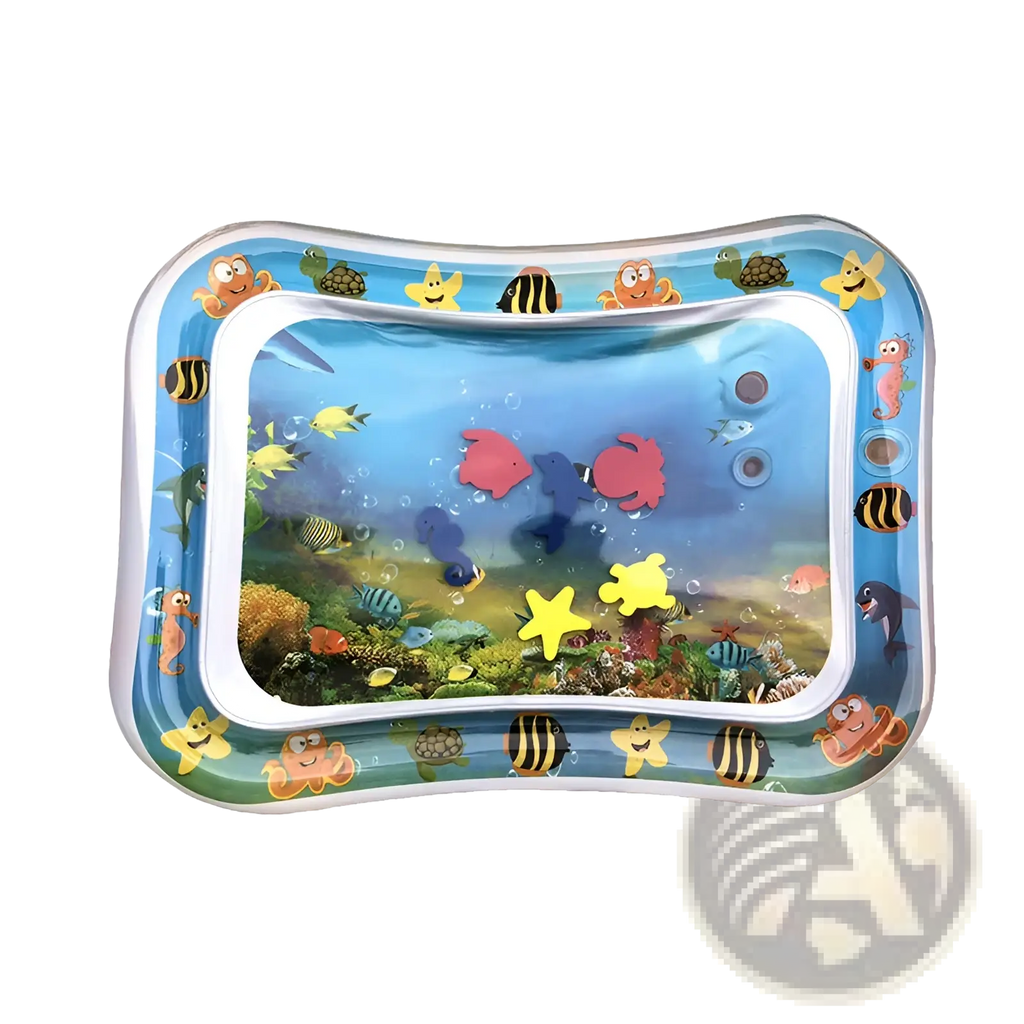 Baby inflatable water mat ocean theme activity pad with colorful cartoon sea creatures floating in water-filled center