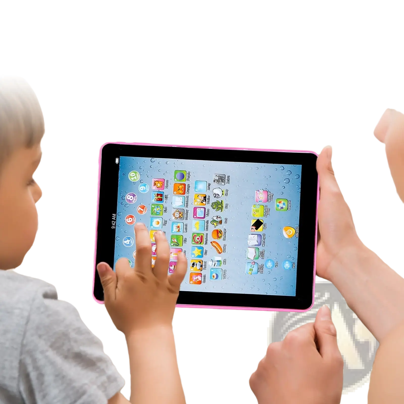 Pink children’s educational tablet with colorful touchscreen and musical features for toddler learning and play