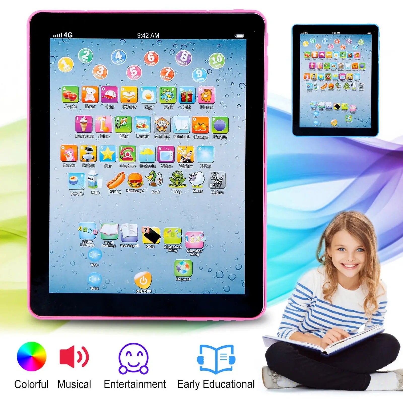 Pink children’s educational tablet with colorful app icons beside a child for toddler learning and development