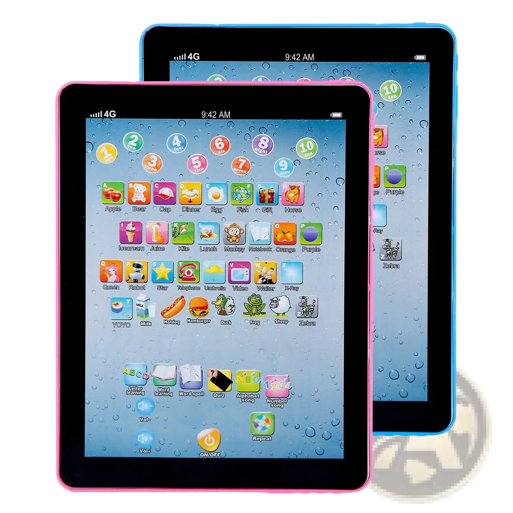 Baby learning tablet educational toy for toddlers in pink and blue with colorful cartoon icons on the screen