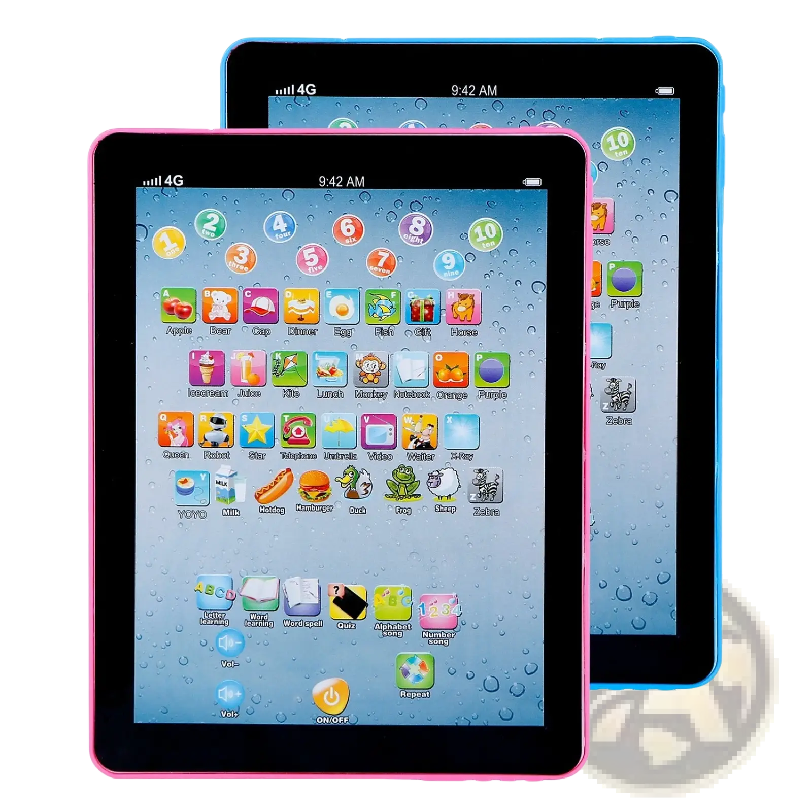 Baby learning tablet educational toy for toddlers in pink and blue with colorful cartoon icons on the screen