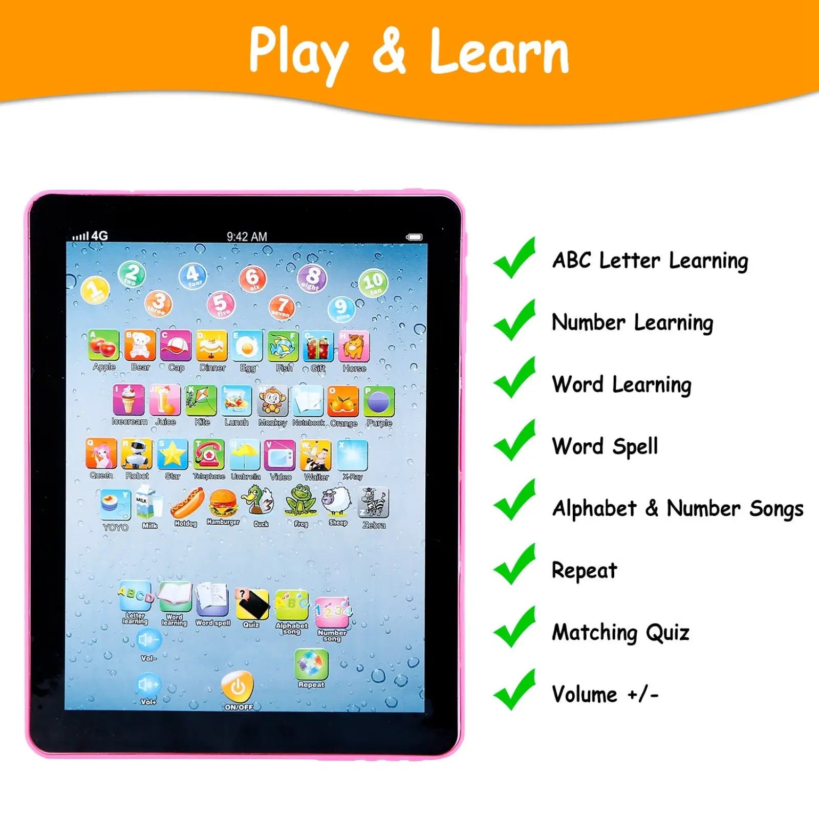Pink-framed baby learning tablet educational toy for toddlers with colorful app icons and playful water droplet screen background