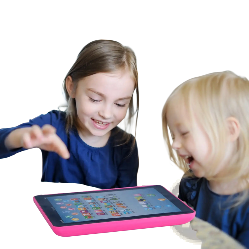 Pink baby learning tablet educational toy with colorful app icons on screen for toddlers development