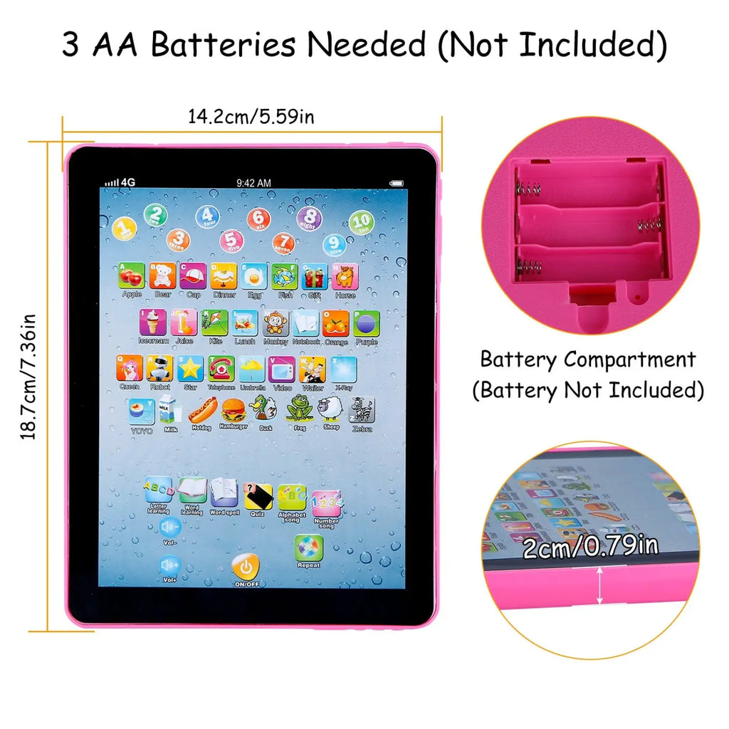 Pink plastic baby learning tablet educational toy for toddlers featuring colorful app icons on the screen