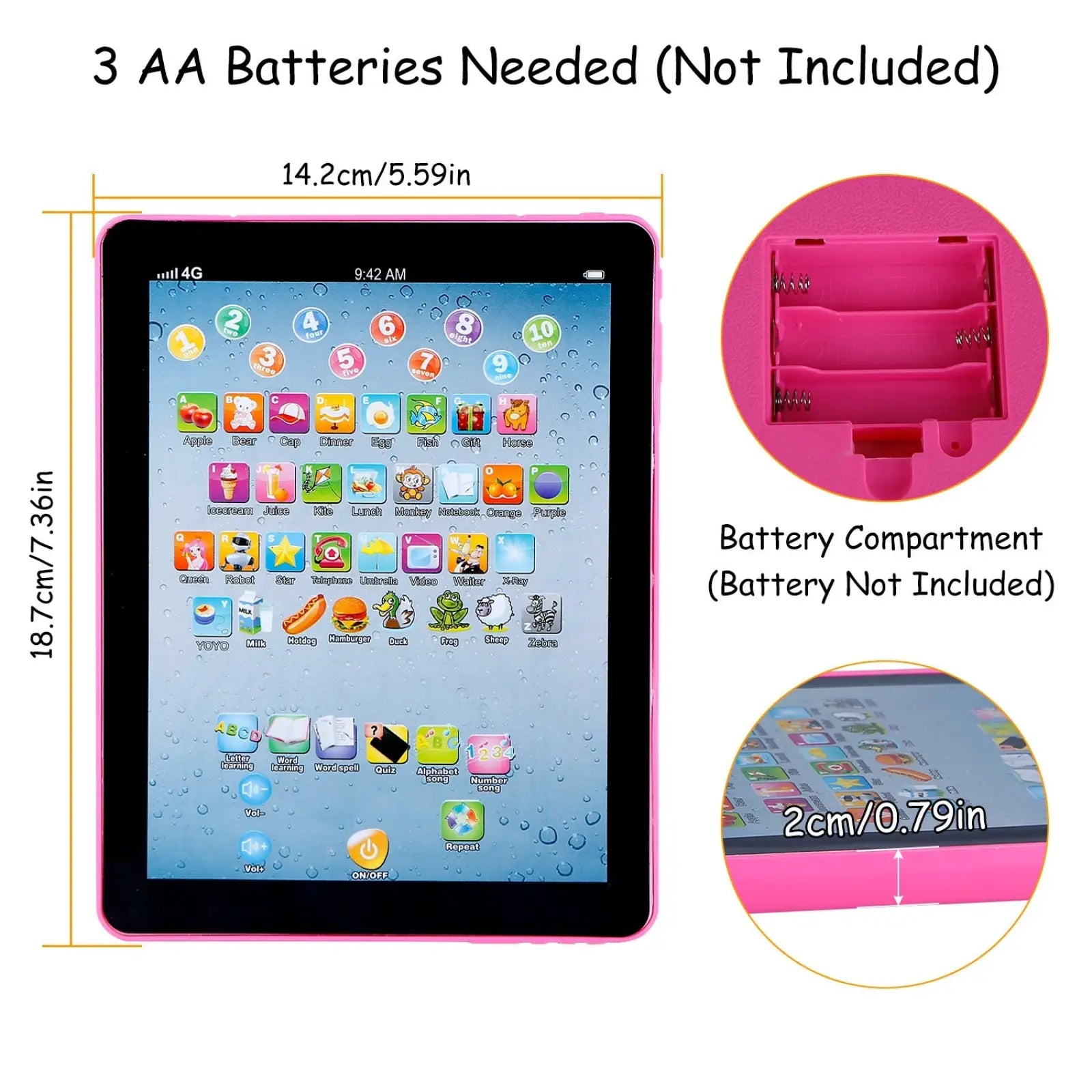 Pink plastic baby learning tablet educational toy for toddlers featuring colorful app icons on the screen