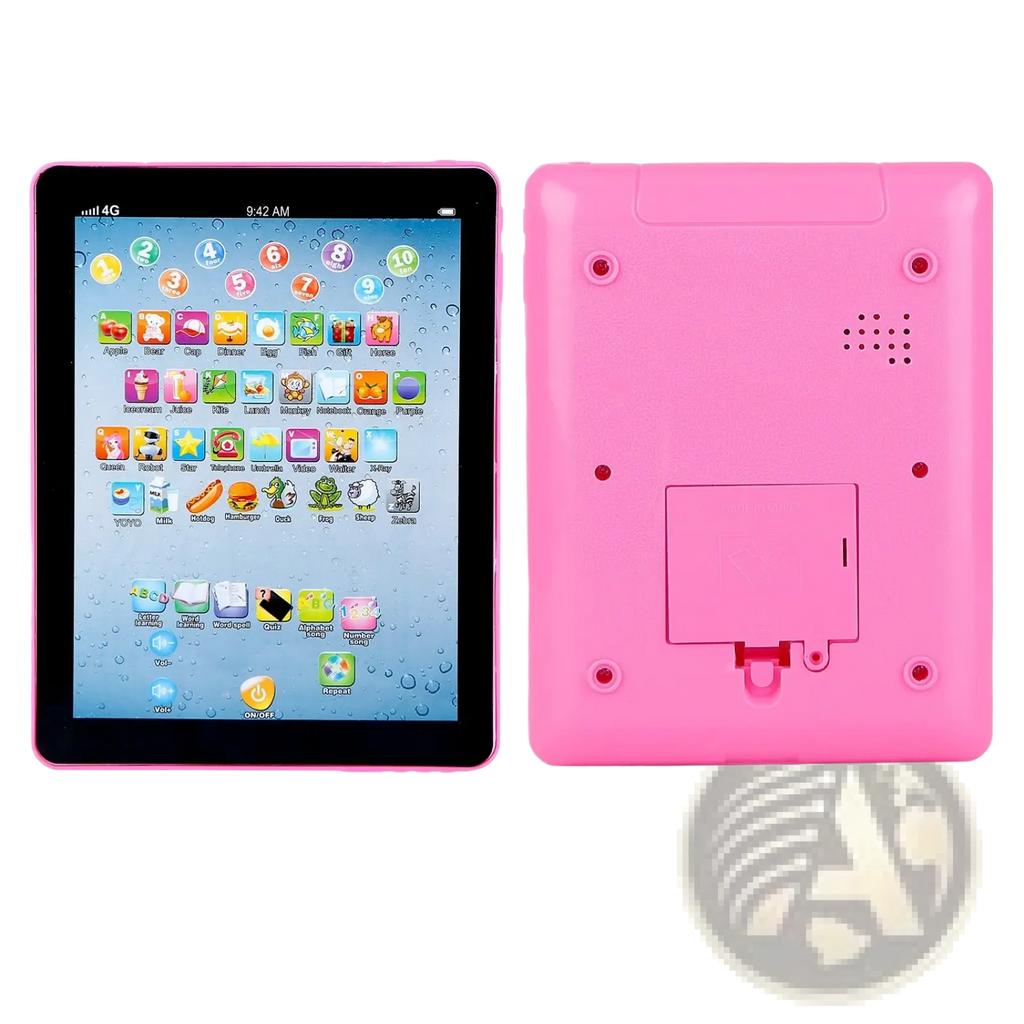 Pink plastic baby learning tablet educational toy for toddlers with colorful app icons and removable battery compartment back view