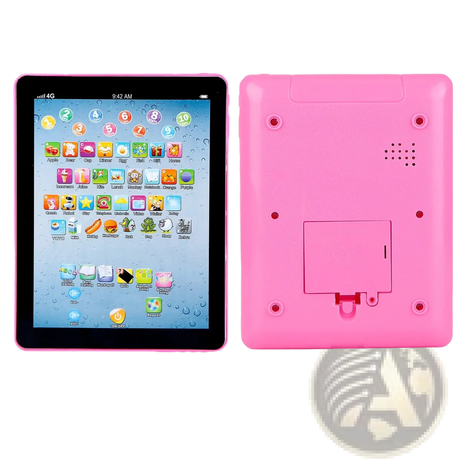 Pink plastic baby learning tablet educational toy for toddlers with colorful app icons and removable battery compartment back view