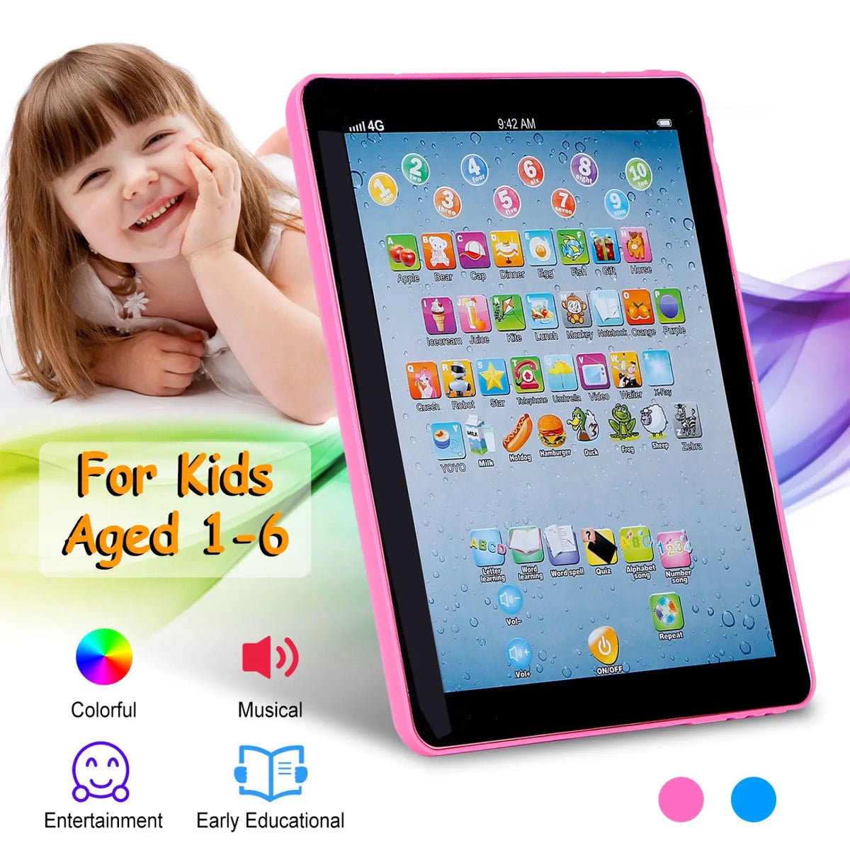 Pink children’s educational tablet with colorful musical apps designed for toddlers ages 1 to 6