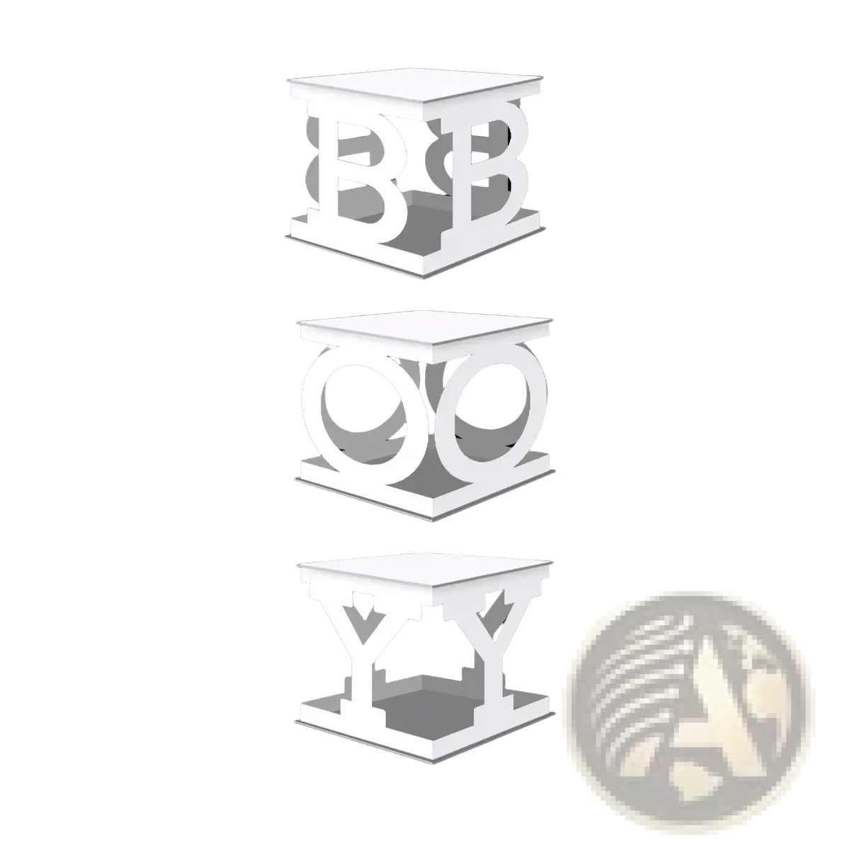 White cube-shaped baby letter boxes with uppercase greek and latin letter cutouts for shower balloon decor
