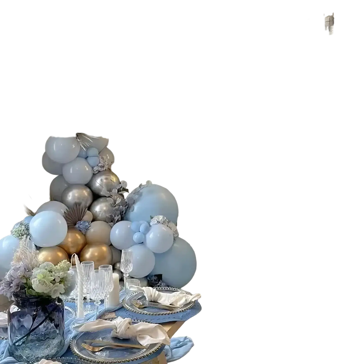 A decorative baby letter box balloon arrangement with light blue silver gold balloons and floral accents for shower balloon decor