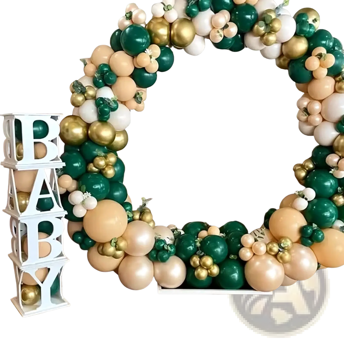A festive balloon arch in green gold and beige colors shaping a circle for baby letter boxes shower decor