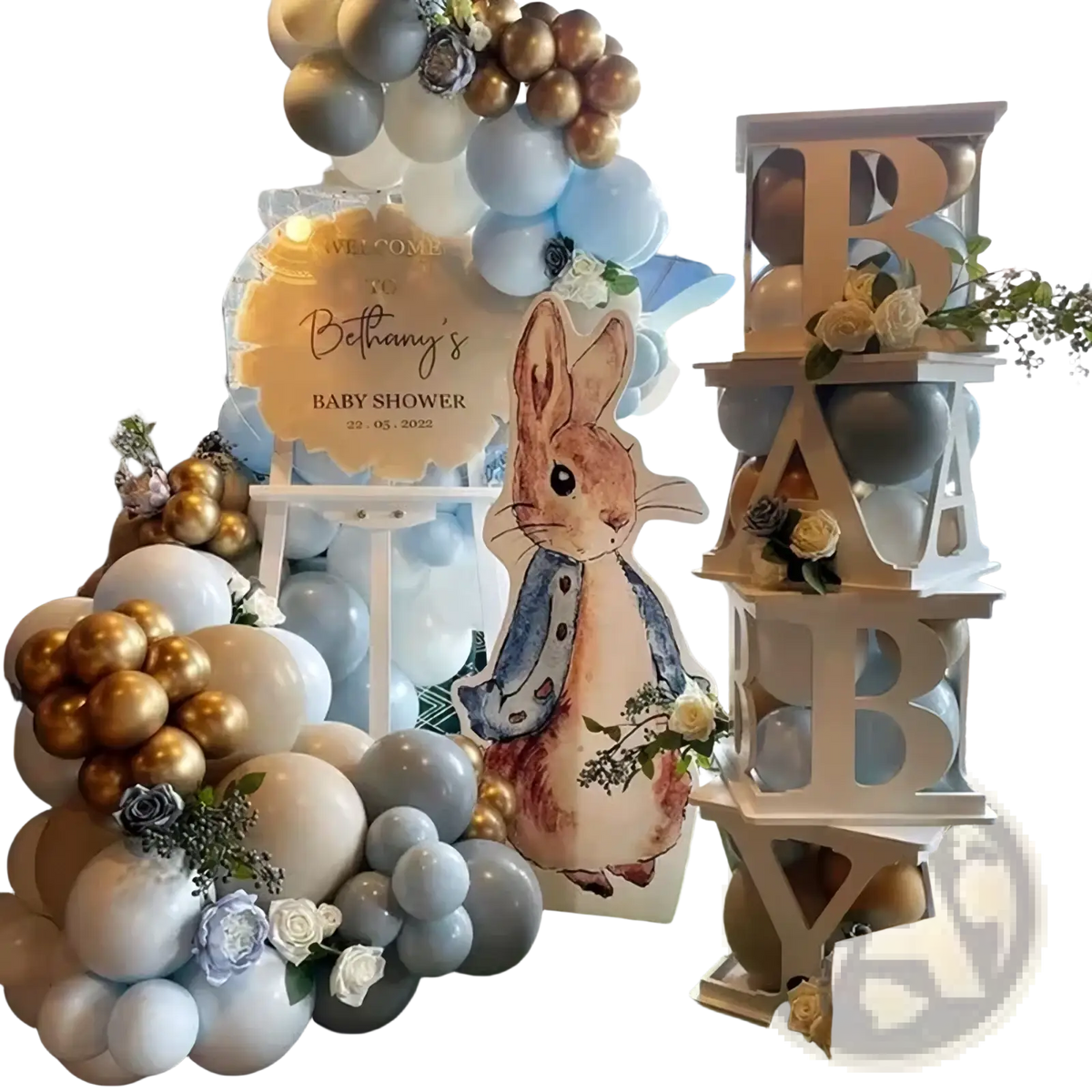 A peter rabbit-themed baby letter box with a watercolor illustration and pastel metallic balloon shower decor background
