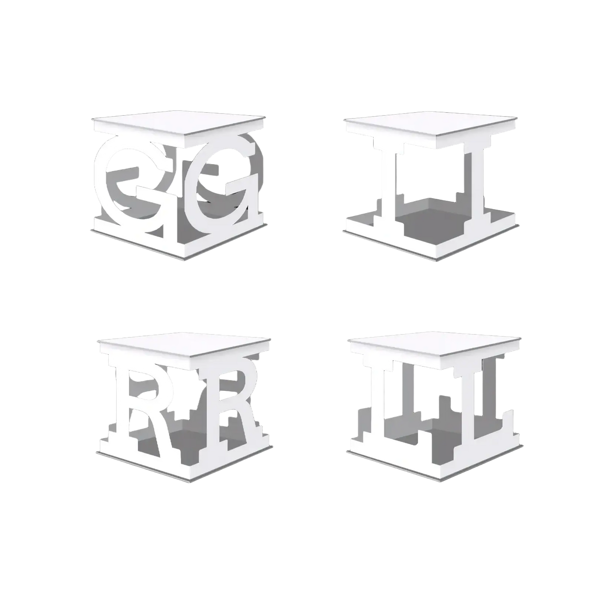 White 3d-printed cube-shaped letter blocks with bold uppercase cutouts for baby letter boxes shower balloon decor