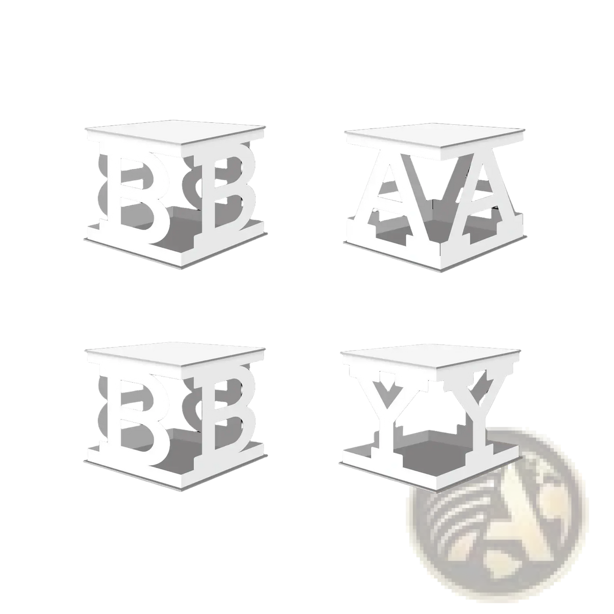 White acrylic baby letter boxes with cut-out b a y design measuring 25cm for shower balloon decor display