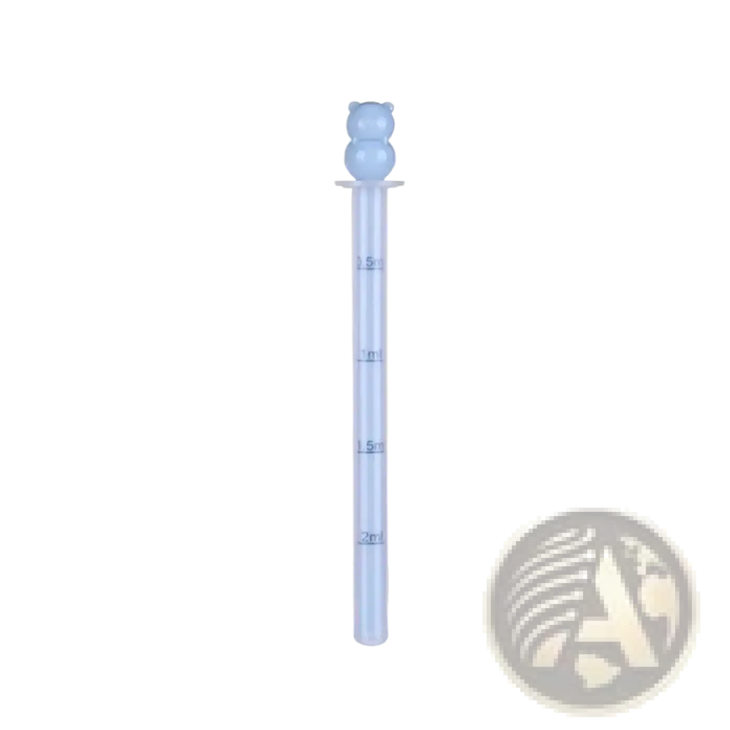 Light blue translucent plastic baby medicine dispenser dropper feeder with bear-shaped bulb top for accurate dosing