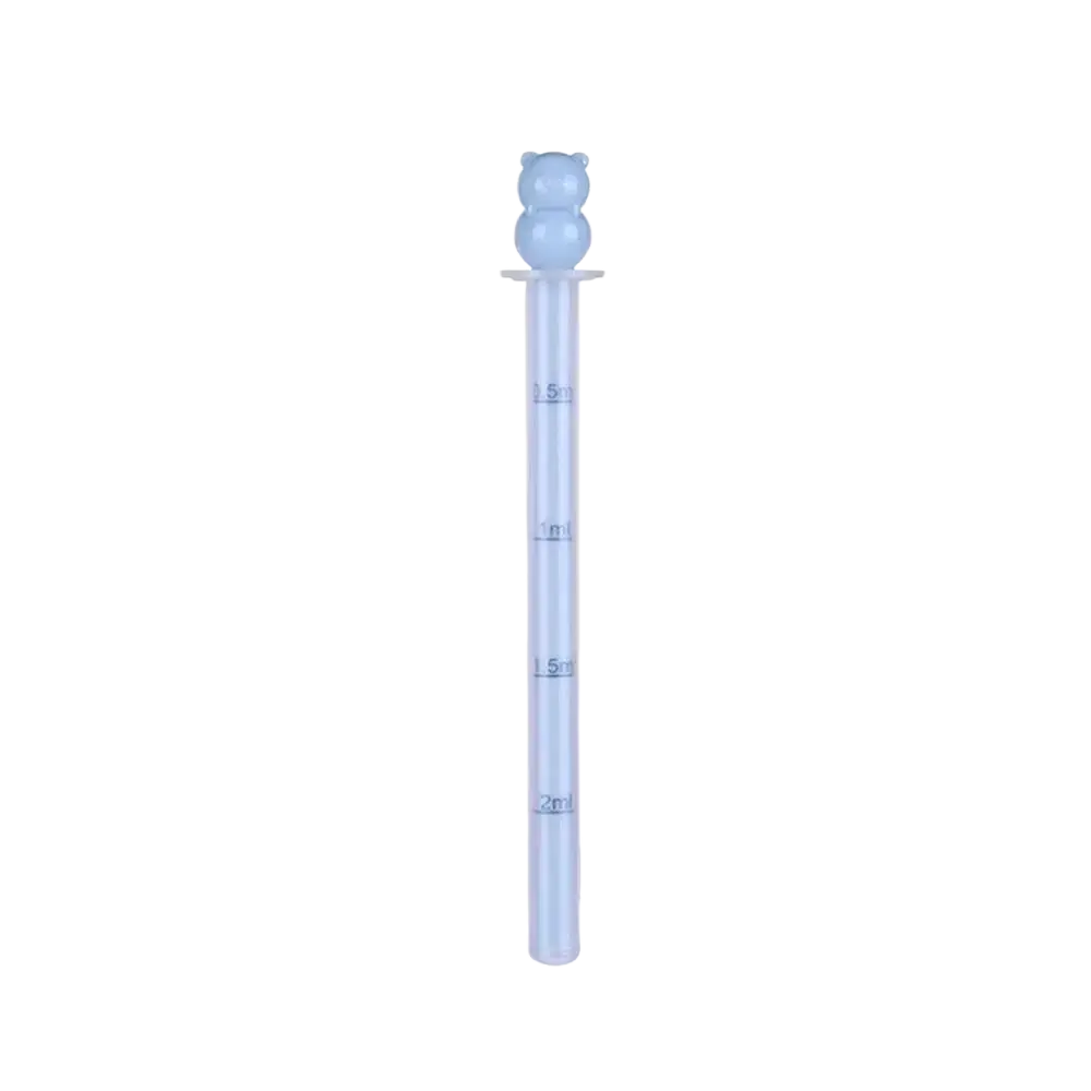 Light blue translucent plastic baby medicine dispenser dropper feeder with bear-shaped bulb top for accurate dosing