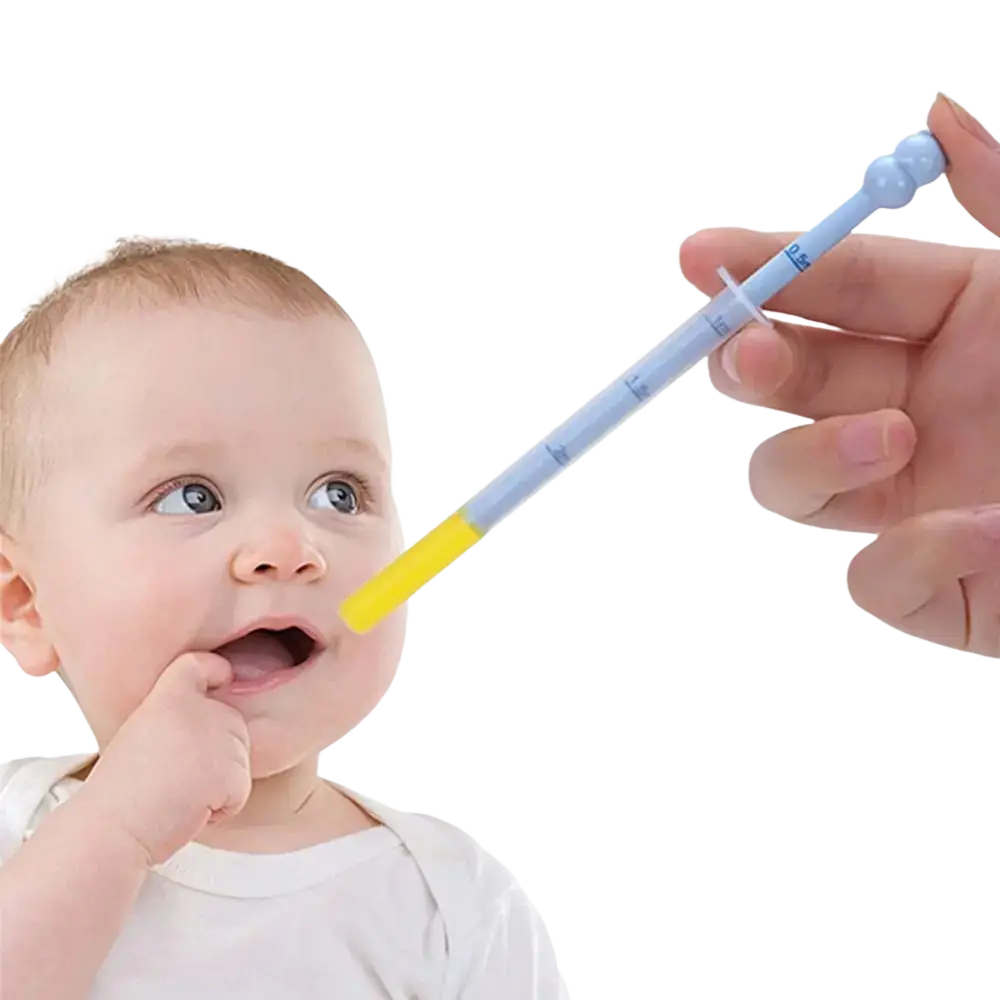 Baby medicine dispenser dropper feeder with light blue and yellow pediatric oral syringe and measurement markings