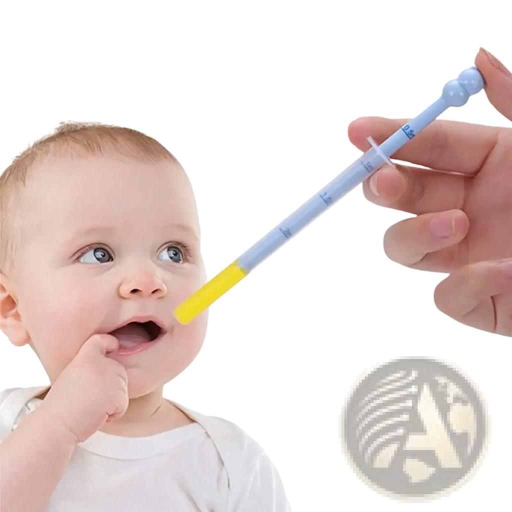 Baby medicine dispenser dropper feeder with light blue and yellow pediatric oral syringe and measurement markings