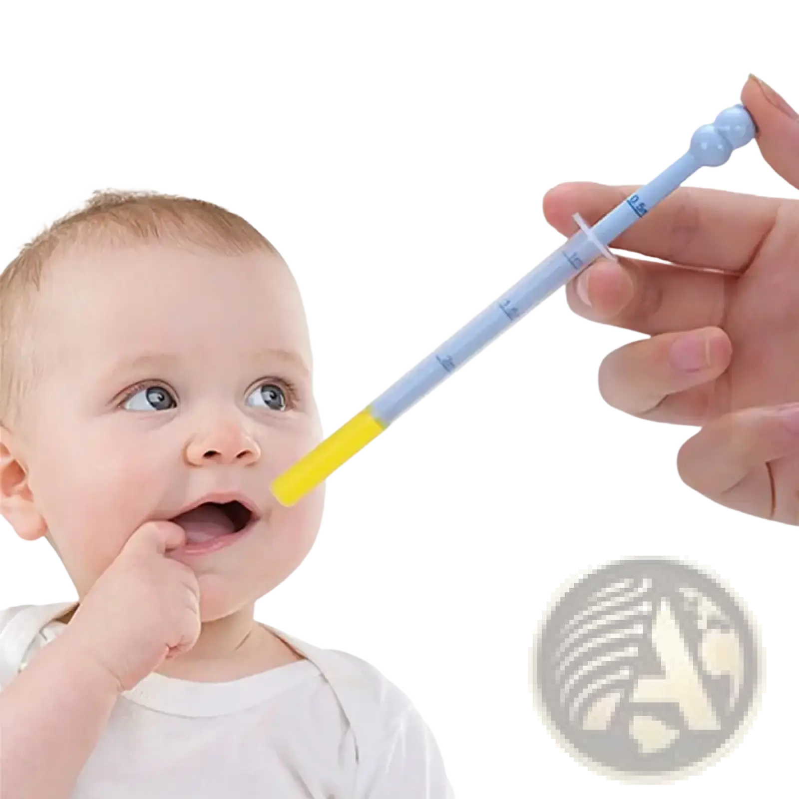 Baby medicine dispenser dropper feeder with light blue and yellow pediatric oral syringe and measurement markings