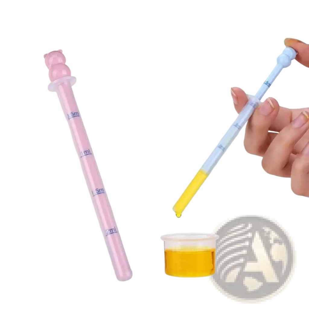 Baby medicine dispenser dropper feeder with pink bear-shaped graduated pipette and yellow dropper with measurement markings