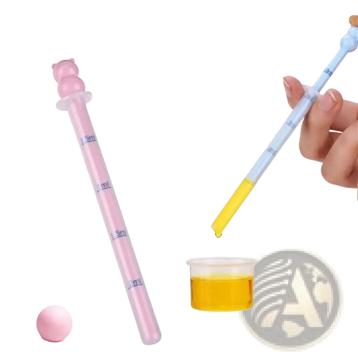 Pink bear-shaped baby medicine dispenser dropper feeder with blue graduated markings and matching dropper tip