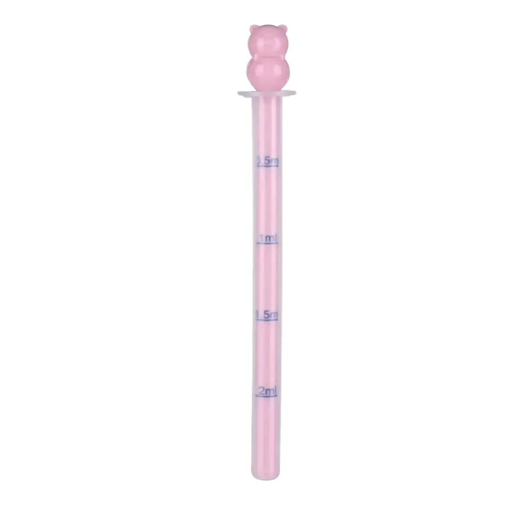 Pink plastic baby medicine dispenser dropper feeder with bear-shaped top and measurement markings