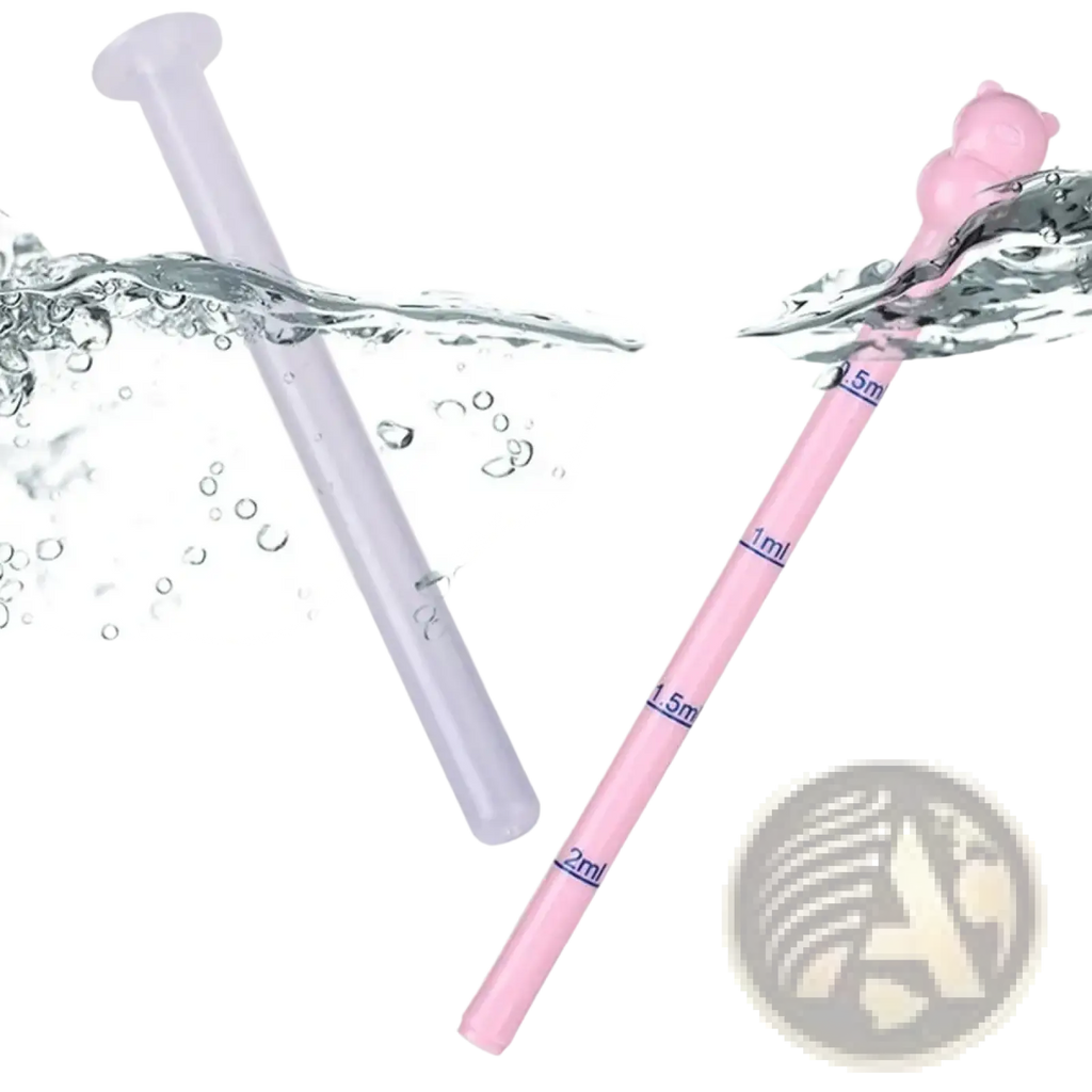 Baby medicine dispenser dropper feeder in pink plastic graduated cylinder with blue markings and bear-shaped top