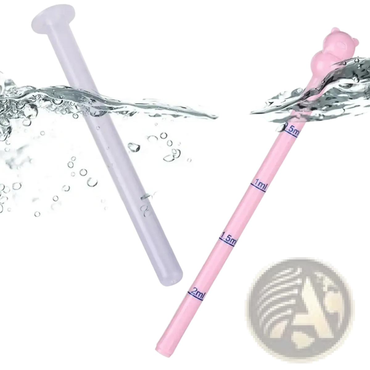 Baby medicine dispenser dropper feeder in pink plastic graduated cylinder with blue markings and bear-shaped top