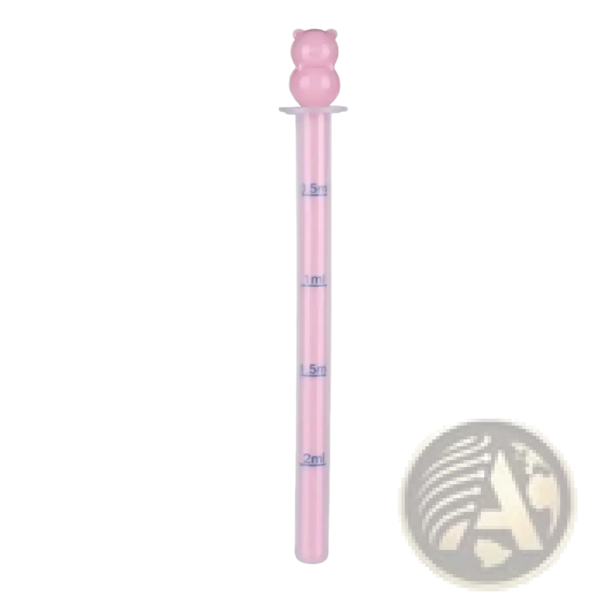Pink plastic baby medicine dispenser dropper feeder with bear-shaped top and measurement markings